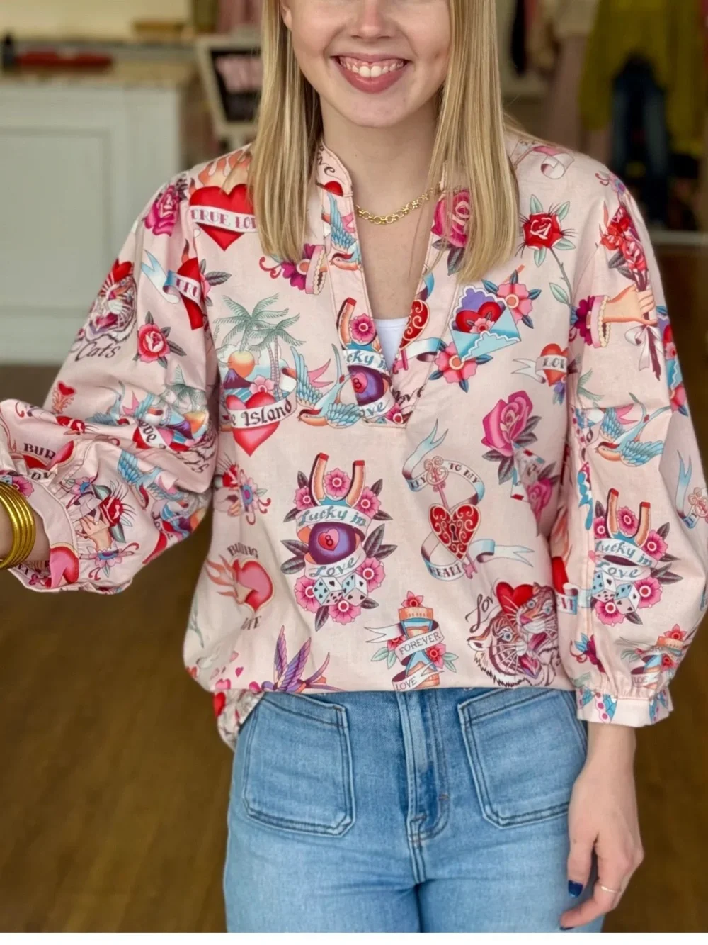 Ivy Jane True Love Top Women’s Small Tattoo Hearts Floral Shirt Blouse USA I_9